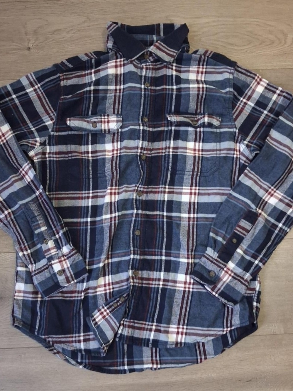 George Navy, White and Maroon Plaid Button-Down Shirt - Medium